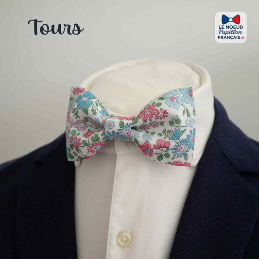 Noeud papillon fleurs rose et bleu